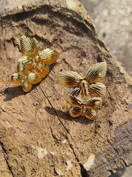 Gold Triple Butterfly Stud Earrings | Anti-Tarnish | Waterproof | Statement Jewellery