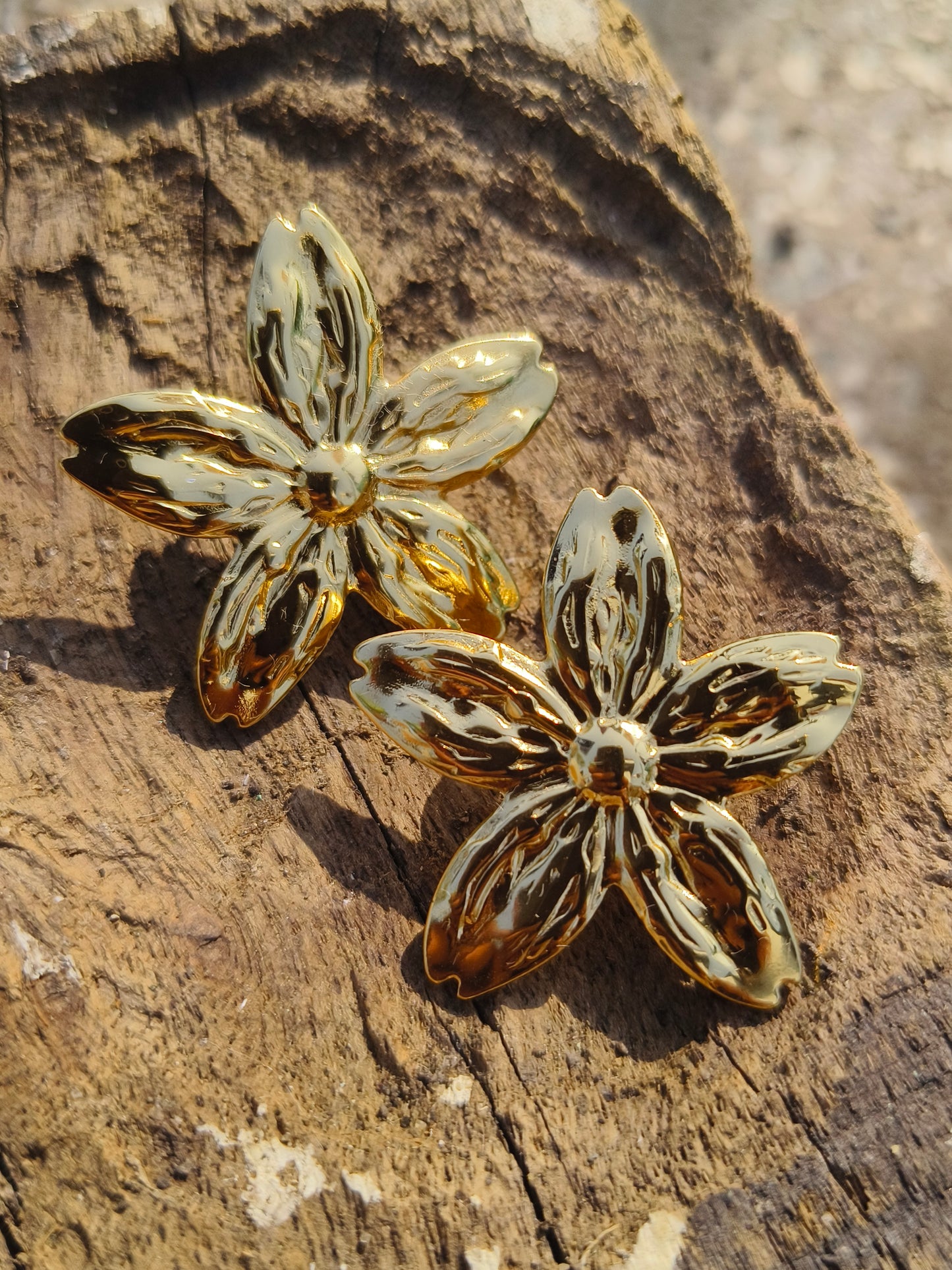 Gold Floral Textured Stud Earrings | Anti-Tarnish | Waterproof | Statement Flower Jewellery