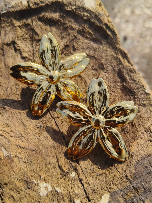 Gold Floral Textured Stud Earrings | Anti-Tarnish | Waterproof | Statement Flower Jewellery