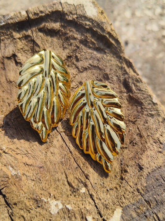 Gold Textured Leaf Stud Earrings | Anti-Tarnish | Waterproof | Elegant Statement Jewellery