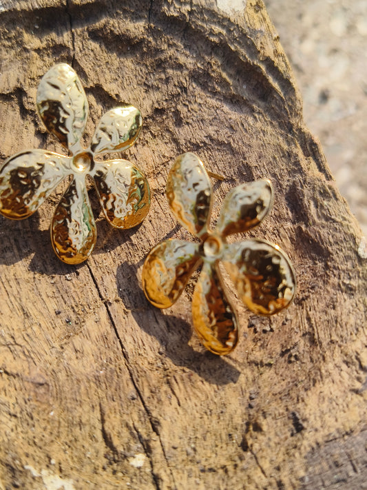 Gold Hammered Floral Stud Earrings | Anti-Tarnish | Waterproof | Elegant Statement Jewellery