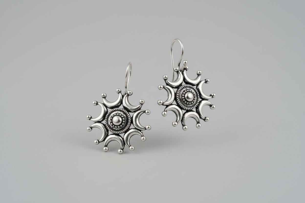 Oxidised Silver Sunburst Earrings | Vintage Boho Tribal Design