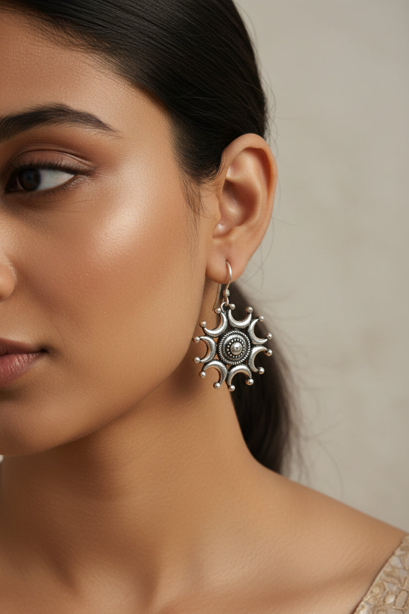 Oxidised Silver Sunburst Earrings | Vintage Boho Tribal Design
