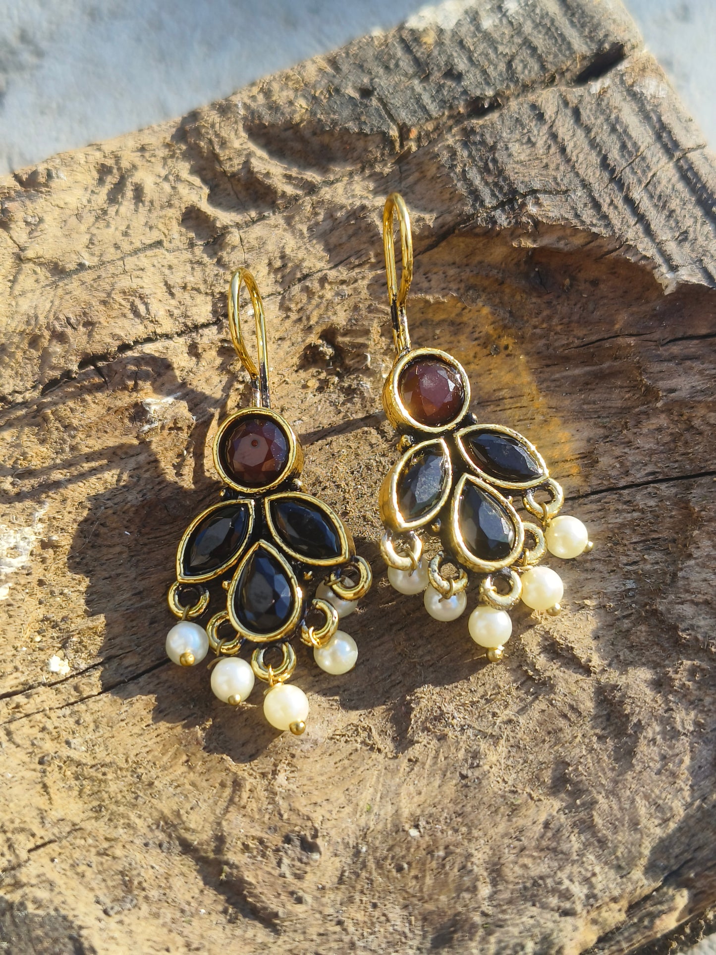 Gold-Plated Kundan & Black Stone Earrings with Pearl Drops | Traditional Ethnic Dangler