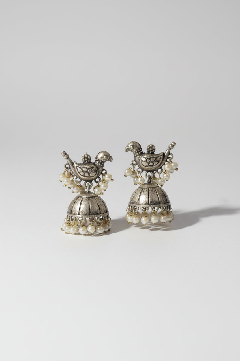 Oxidised Silver Bird Jhumka Earrings with Pearl Drops | Vintage Ethnic Design