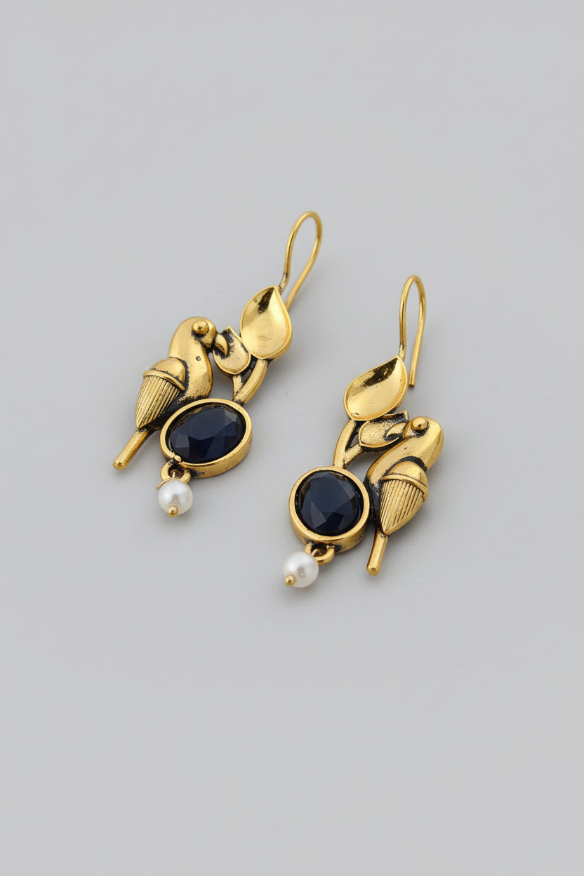 Gold-Plated Bird Design Earrings with Black Stone & Pearl Drop | Elegant Ethnic Danglers