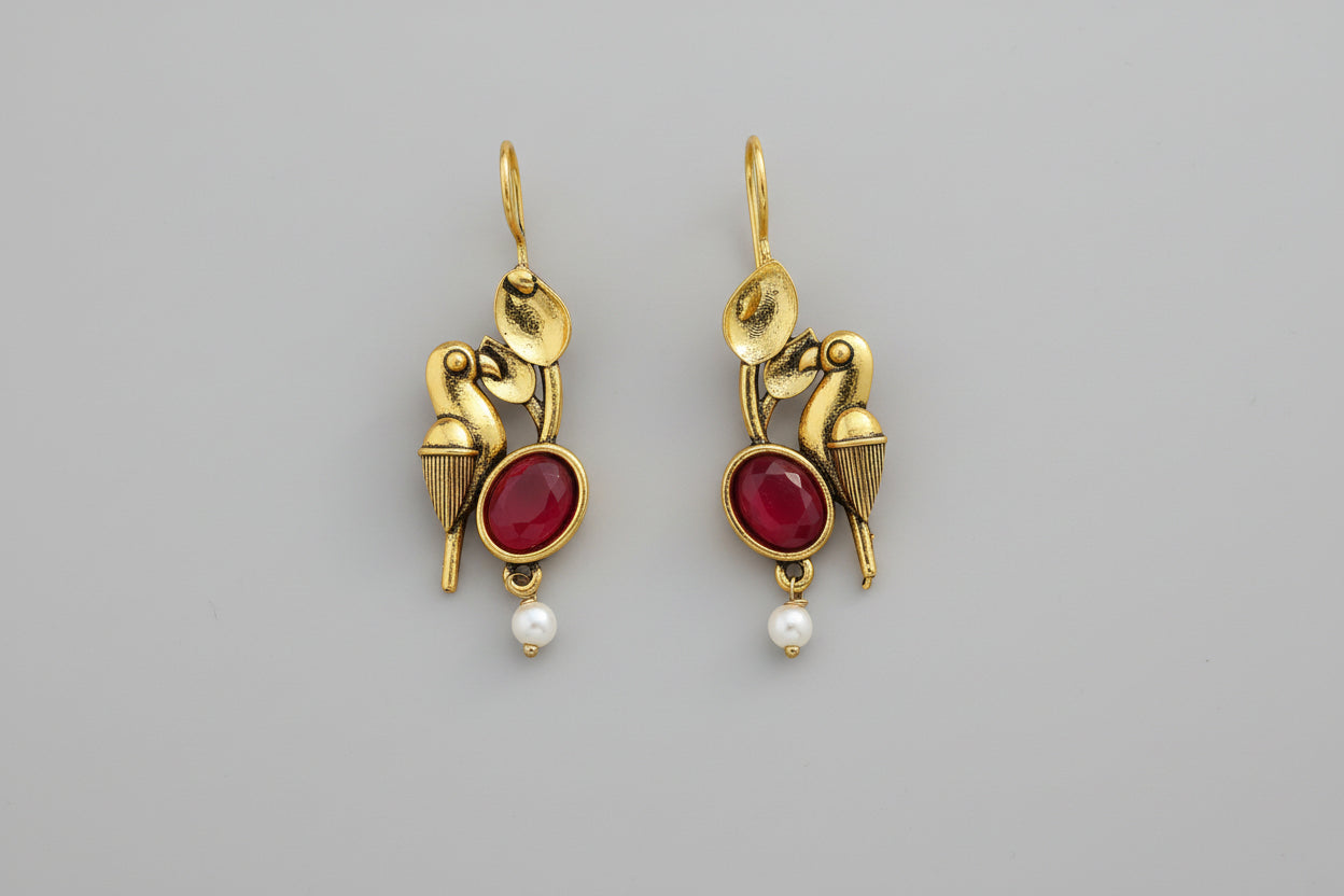 Gold-Plated Bird Design Earrings with Black Stone & Pearl Drop | Elegant Ethnic Danglers