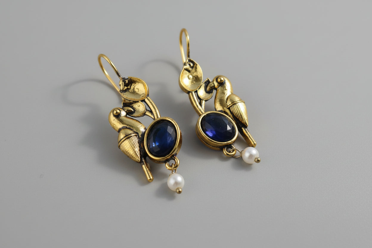 Gold-Plated Bird Design Earrings with Black Stone & Pearl Drop | Elegant Ethnic Danglers