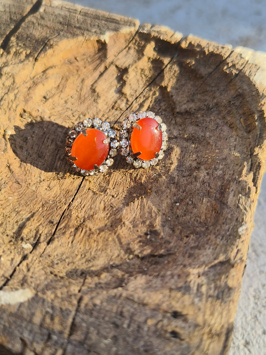 Elegant Orange Stone Stud Earrings with Crystal Halo | Classic Daily Wear Studs