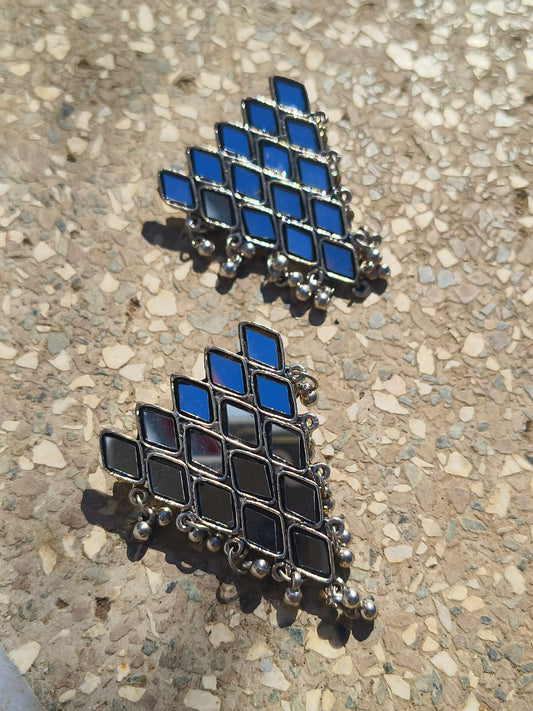 Mirror Work Statement Earrings | Silver Finish