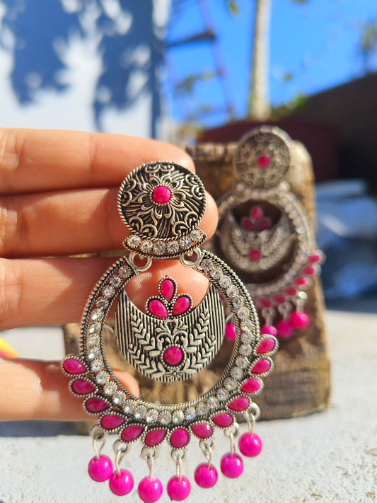 Pink Stone Oxidised Chandbali Earrings | Statement Ethnic Wear
