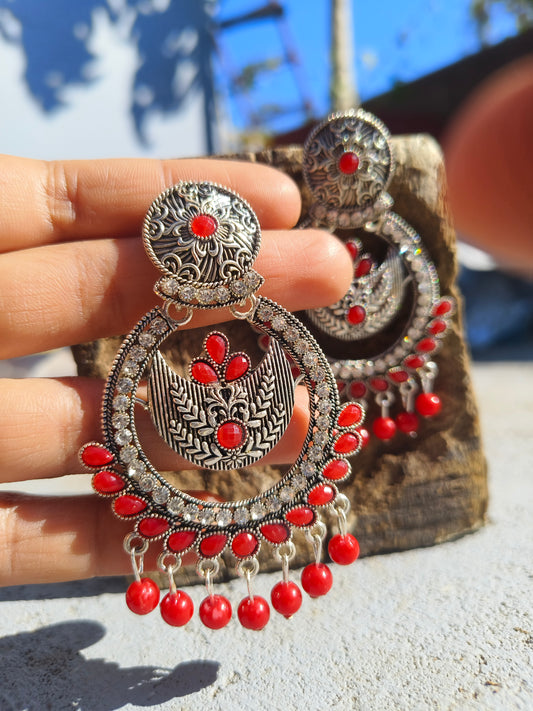 Pink Stone Oxidised Chandbali Earrings | Statement Ethnic Wear