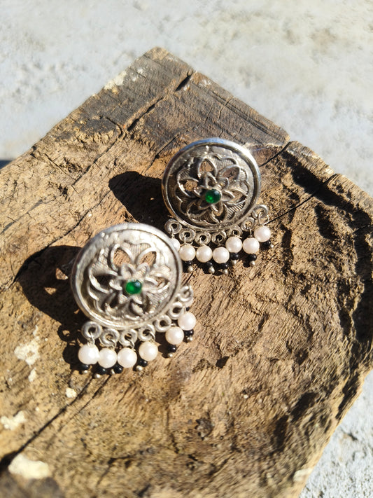 Oxidised Floral Stud Earrings with Pearl Drops