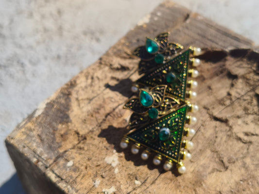 Green Triangle Meenakari Earrings with Pearl Drops | Gold Finish