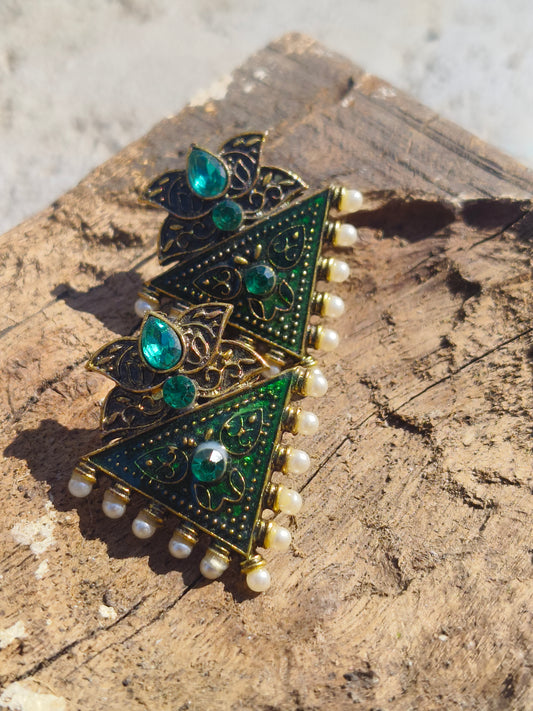 Green Triangle Meenakari Earrings with Pearl Drops | Gold Finish
