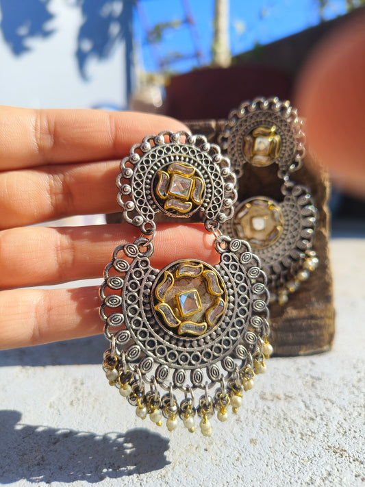 Oxidised Kundan Round Chandbali Earrings | Antique Silver Finish