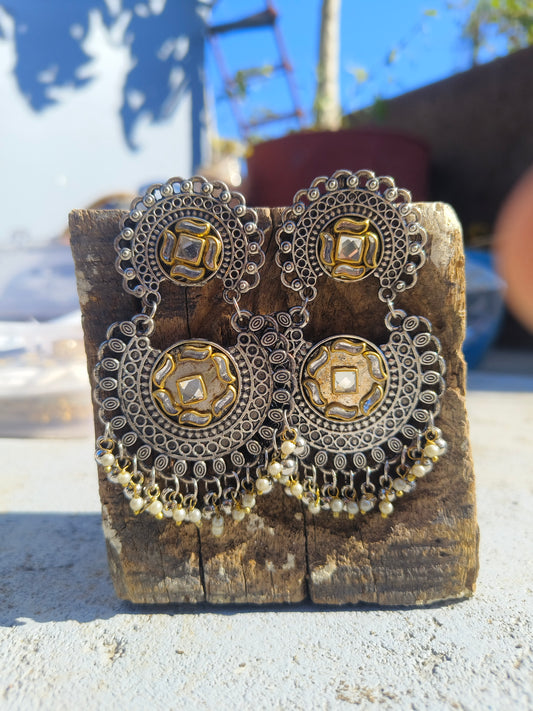 Oxidised Kundan Round Chandbali Earrings | Antique Silver Finish