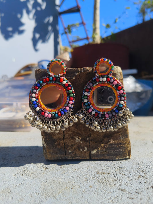 Colorful Mirror Work Afghani Earrings | Boho Ghungroo Design