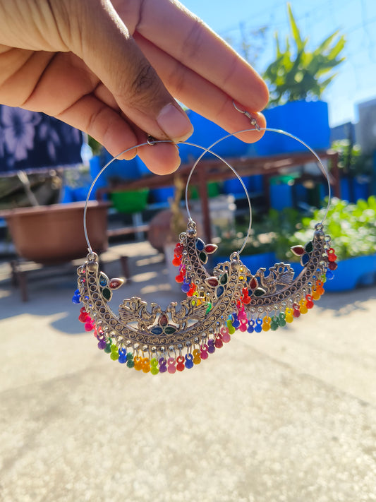 Rainbow Beaded Oxidised Hoop Earrings | Boho Statement Chand Hoops