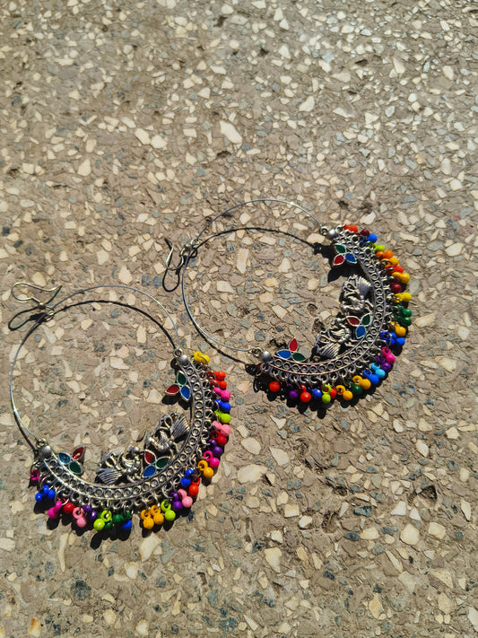 Rainbow Beaded Oxidised Hoop Earrings | Boho Statement Chand Hoops