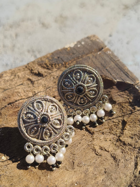 Oxidised Floral Stud Earrings with Pearl Drops