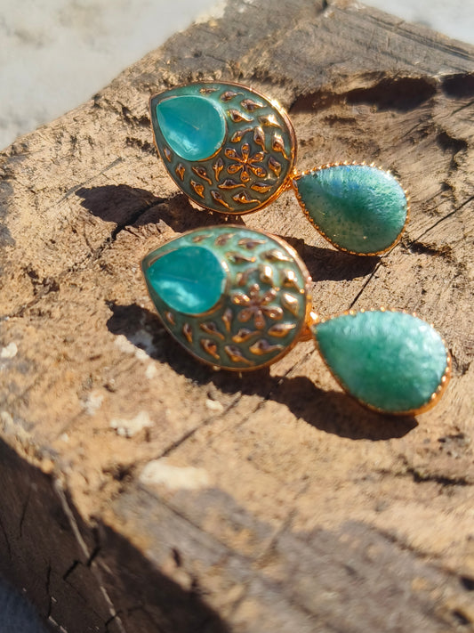 Mint Green Stone Drop Earrings with Gold Detailing