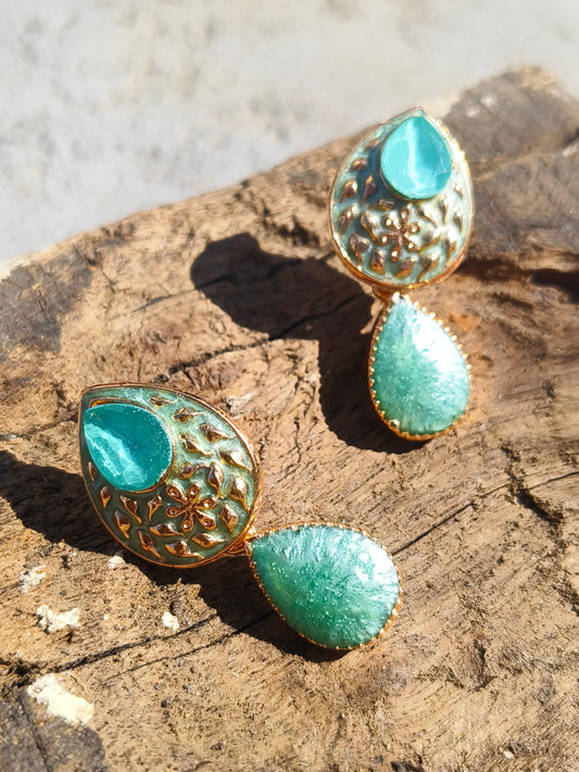 Mint Green Stone Drop Earrings with Gold Detailing