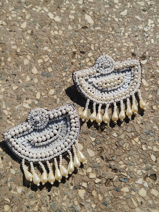Handcrafted White Beaded Statement Earrings with Pearl Drops