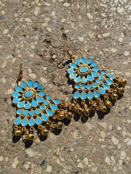 Turquoise Blue Floral Mirror Drop Earrings with Golden Ghungroo