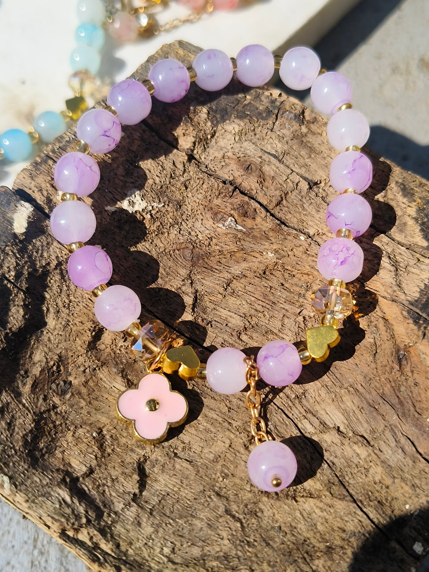Pastel Purple Beaded Charm Bracelet | Floral & Heart Accent Bracelet