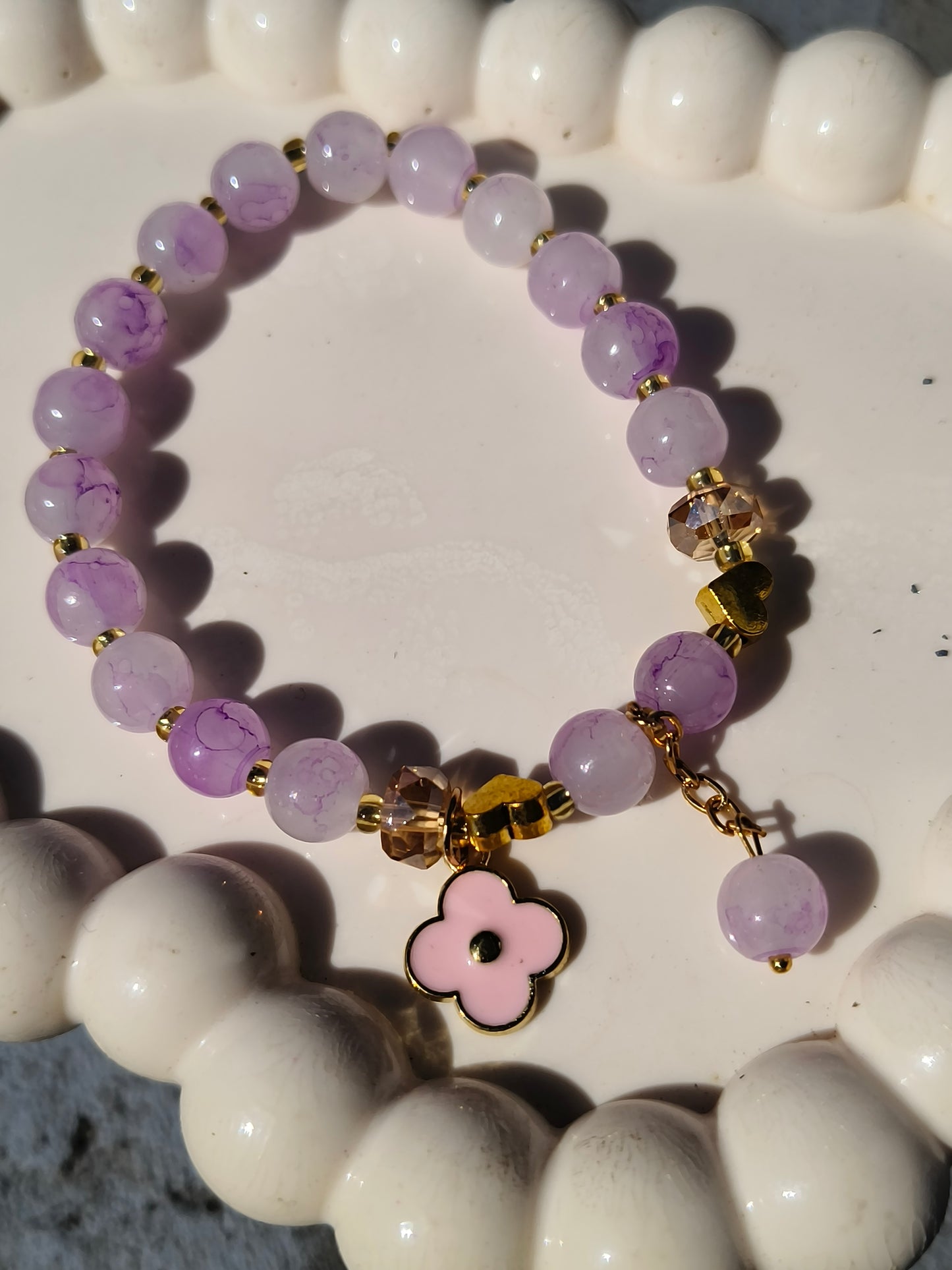 Pastel Purple Beaded Charm Bracelet | Floral & Heart Accent Bracelet