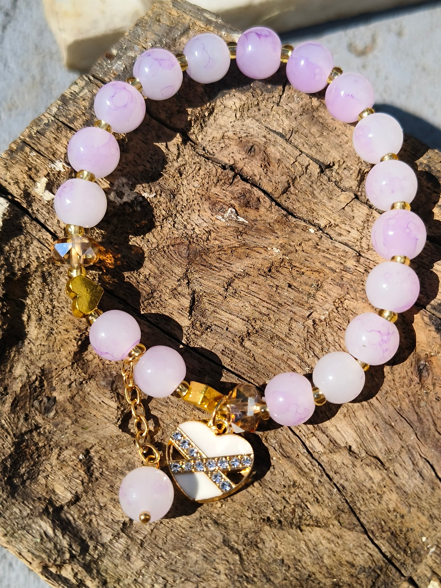 Pastel Purple Beaded Charm Bracelet | Floral & Heart Accent Bracelet