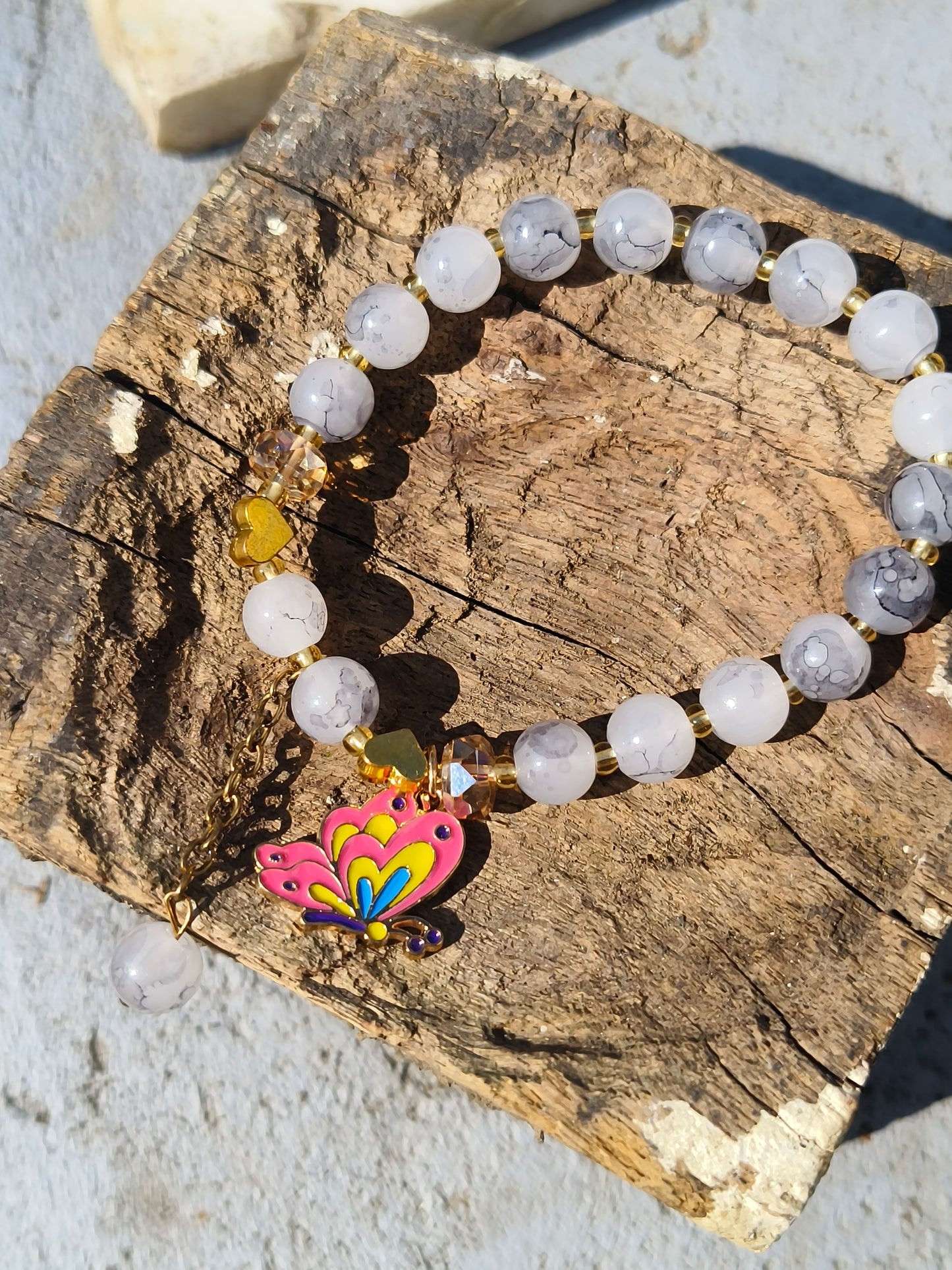 Gray Beaded Bracelet with Multicolor Butterfly Charm