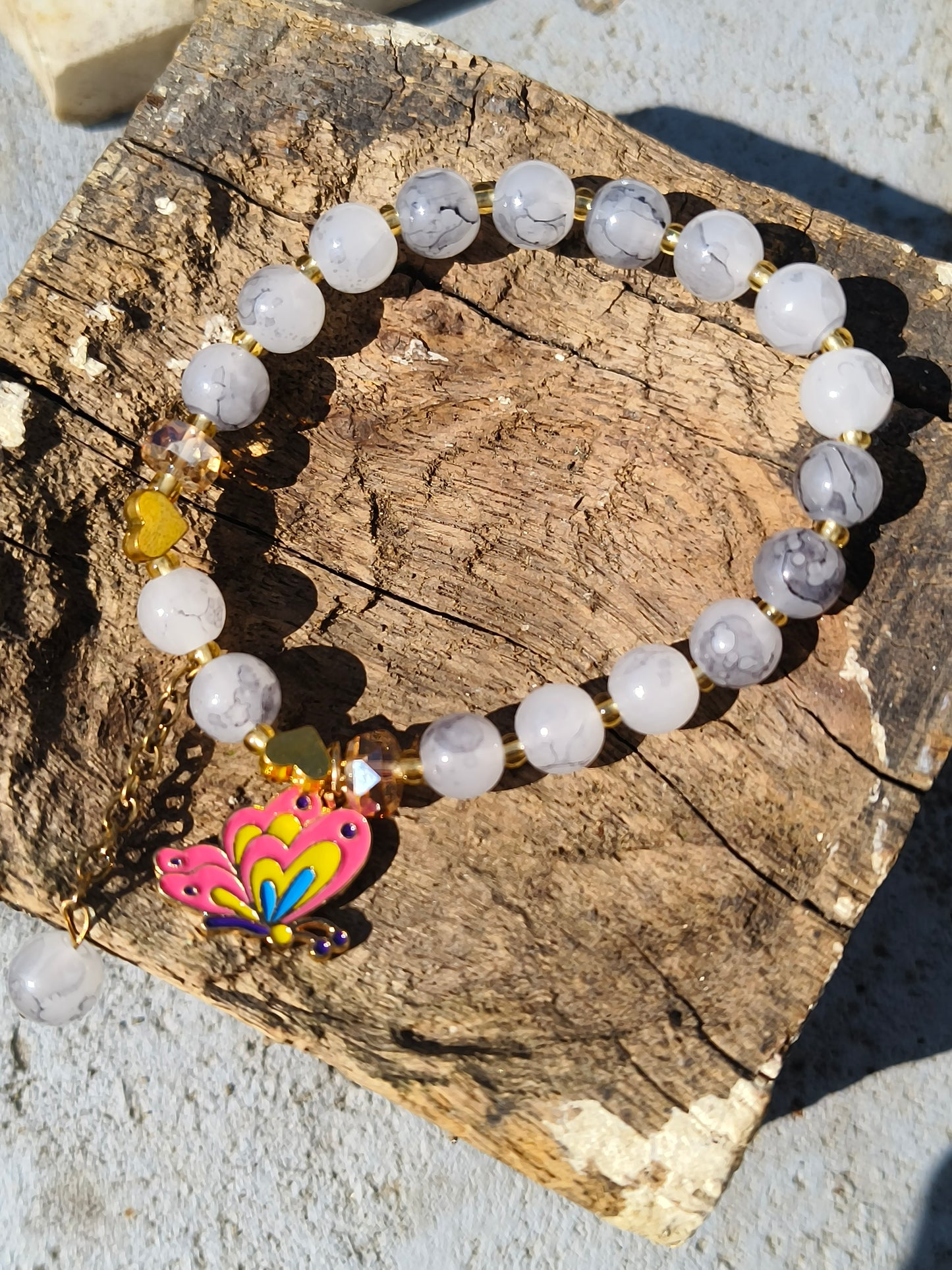 Gray Beaded Bracelet with Multicolor Butterfly Charm