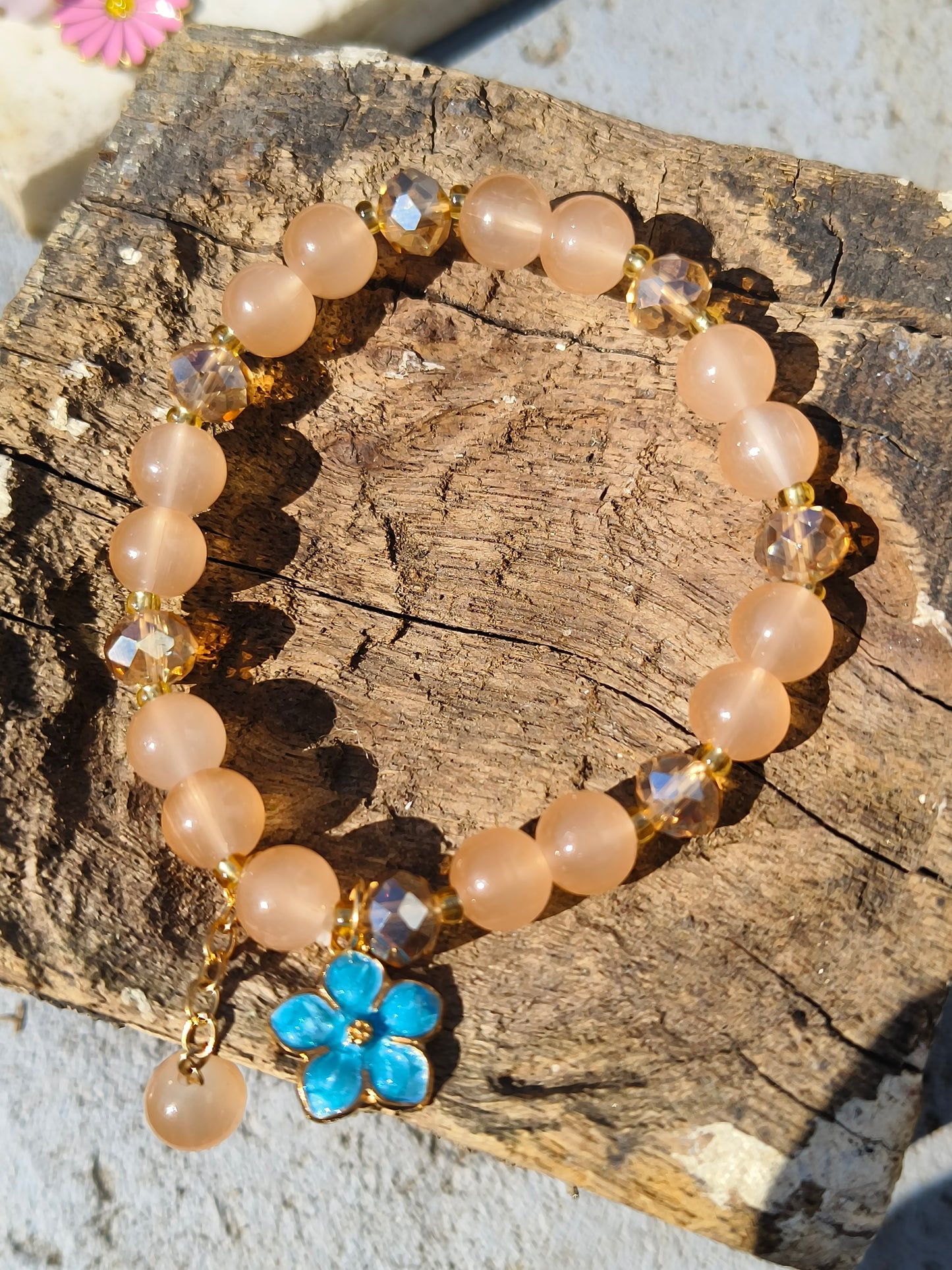 Peach Beaded Bracelet with Blue Flower Charm | Elegant Everyday Jewelry