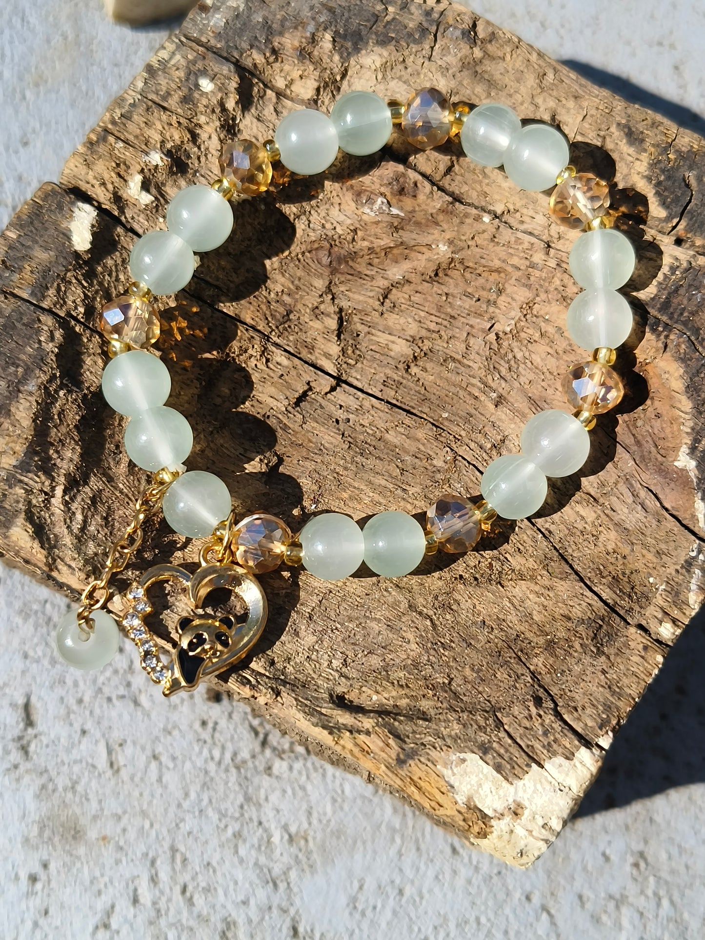 Mint Green Beaded Bracelet with Crystal Heart Butterfly Charm | Elegant Everyday Jewelry