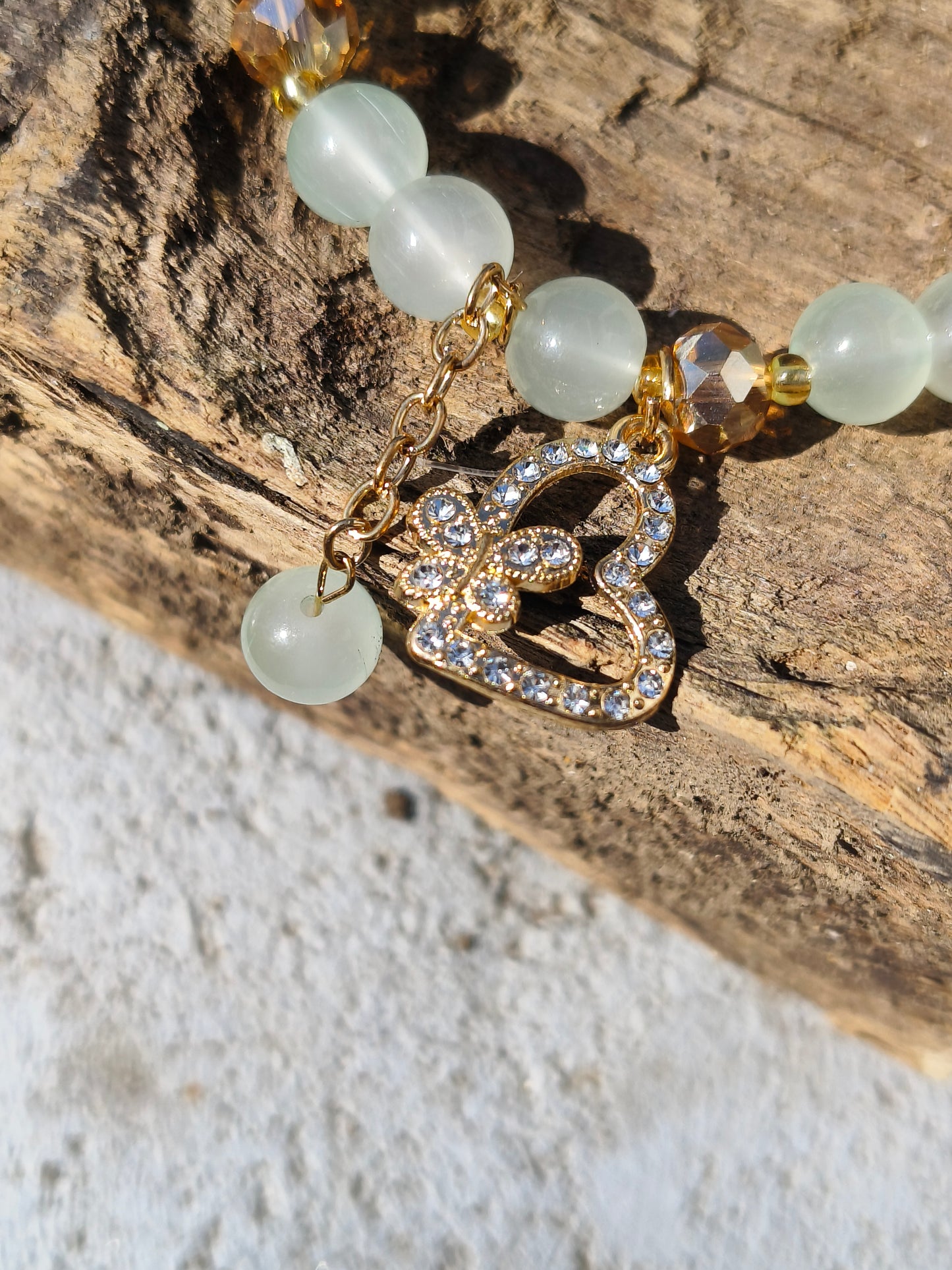 Mint Green Beaded Bracelet with Crystal Heart Butterfly Charm | Elegant Everyday Jewelry