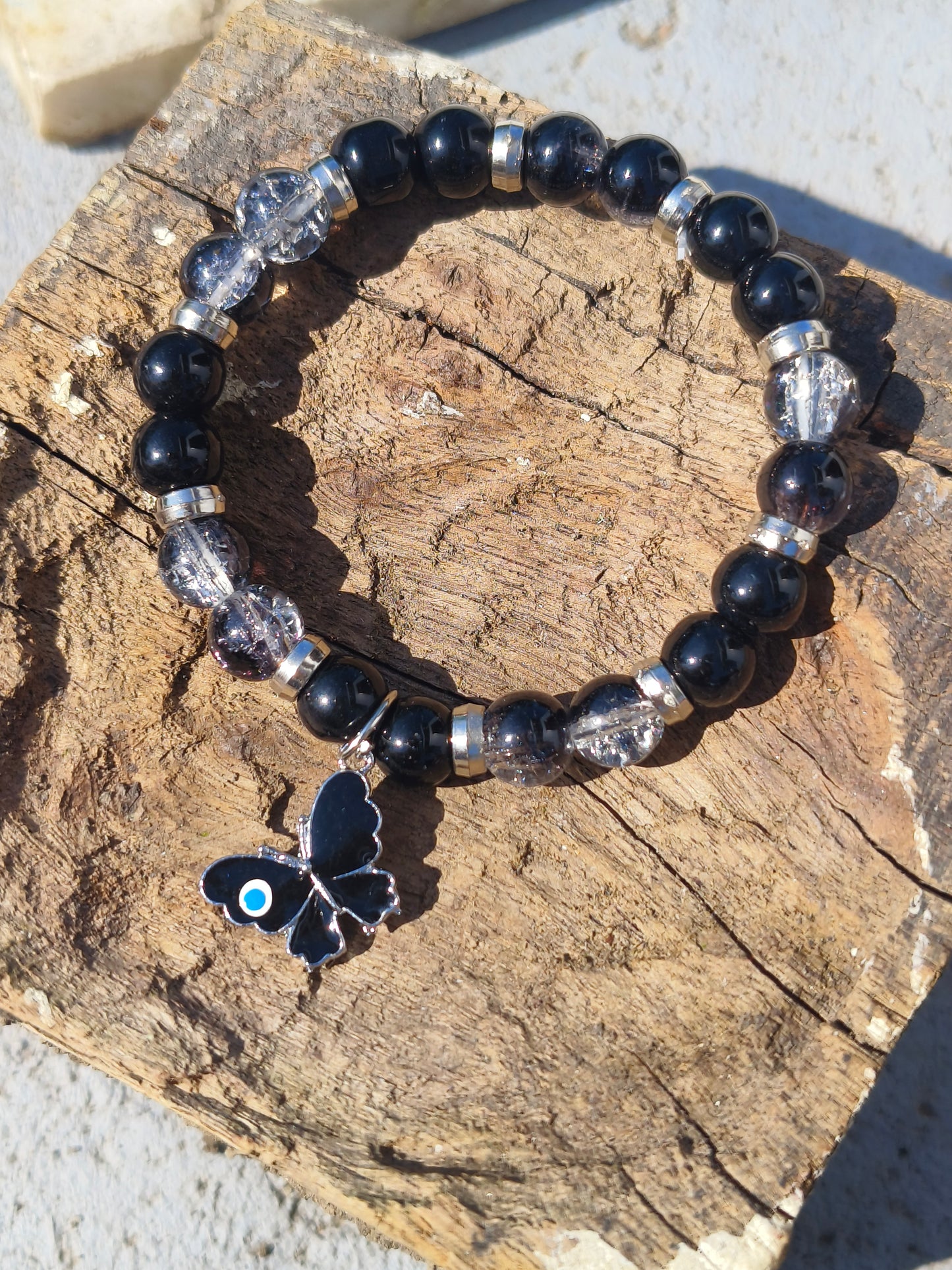 Black Beaded Bracelet with Butterfly Evil Eye Charm