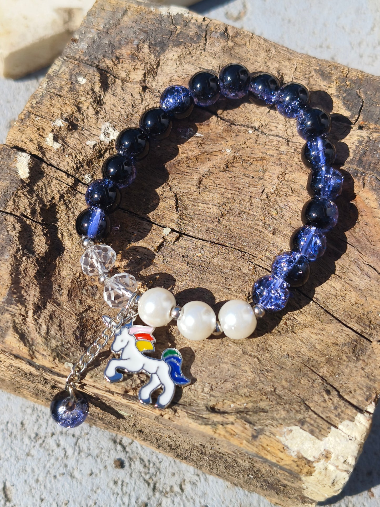 Blue & Black Beaded Bracelet with Pearl Accents and Unicorn Charm