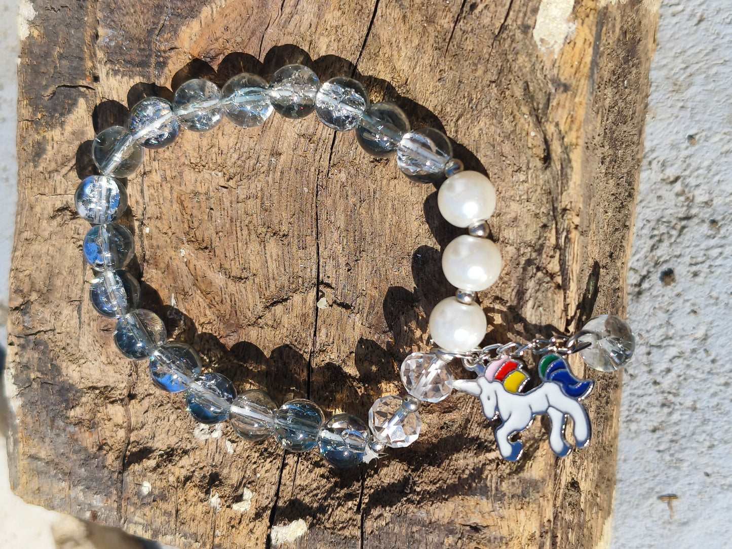 Blue & Black Beaded Bracelet with Pearl Accents and Unicorn Charm
