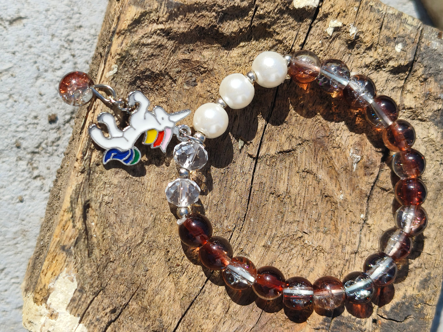 Blue & Black Beaded Bracelet with Pearl Accents and Unicorn Charm