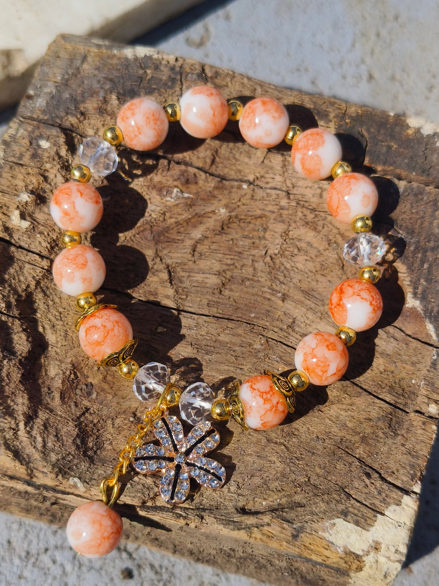 Peach Marble Beaded Bracelet with Floral Charm