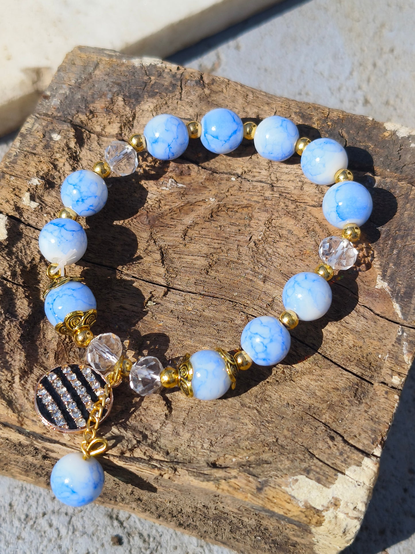 Peach Marble Beaded Bracelet with Floral Charm