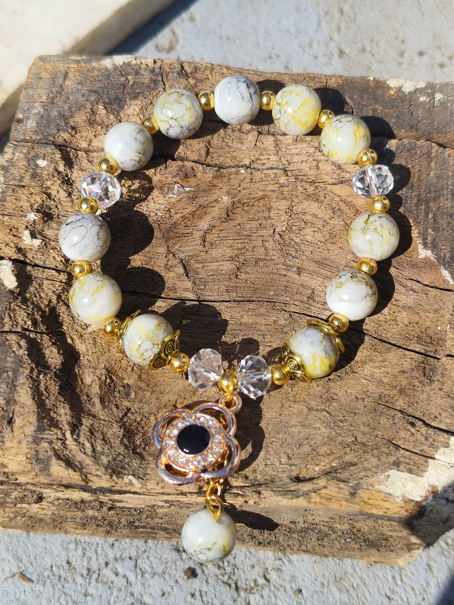 Peach Marble Beaded Bracelet with Floral Charm