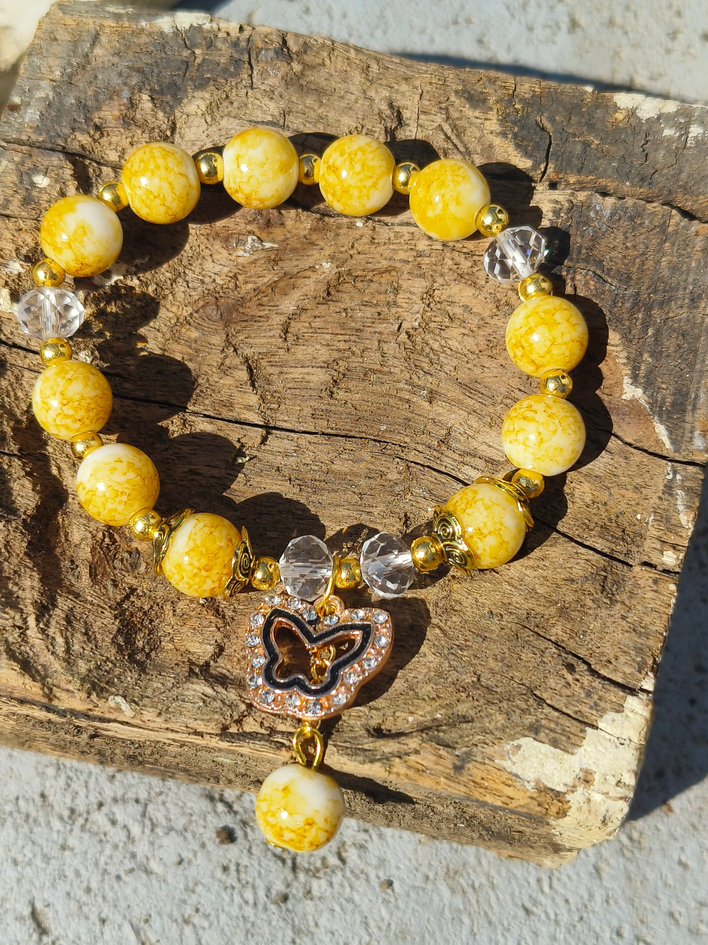 Peach Marble Beaded Bracelet with Floral Charm