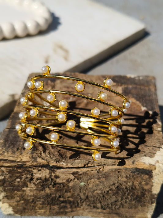 JewellsBySwati Gold Plated Brass Pearl Bracelet for Women | Multi-Layer Designer Cuff