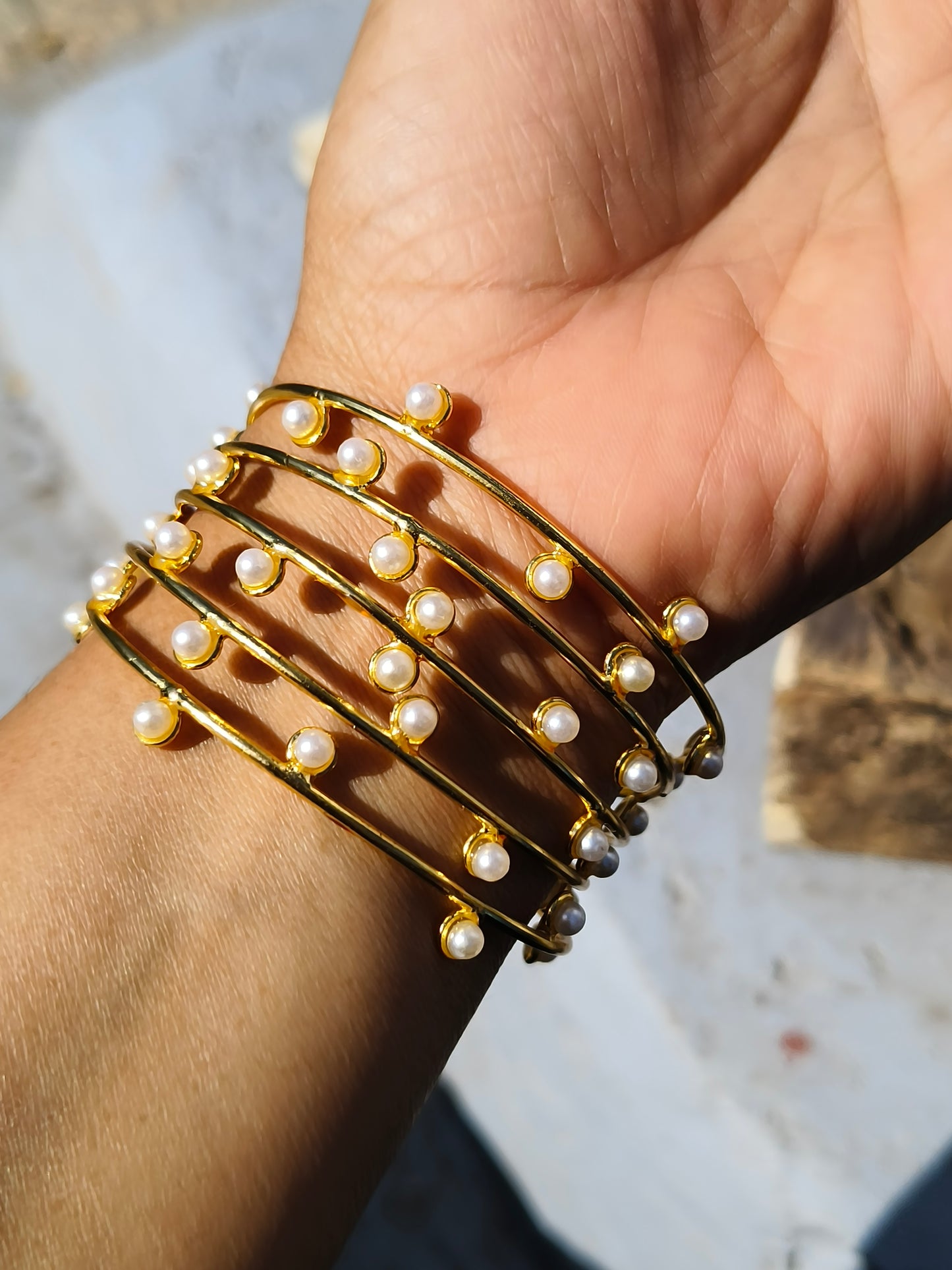 JewellsBySwati Gold Plated Brass Pearl Bracelet for Women | Multi-Layer Designer Cuff