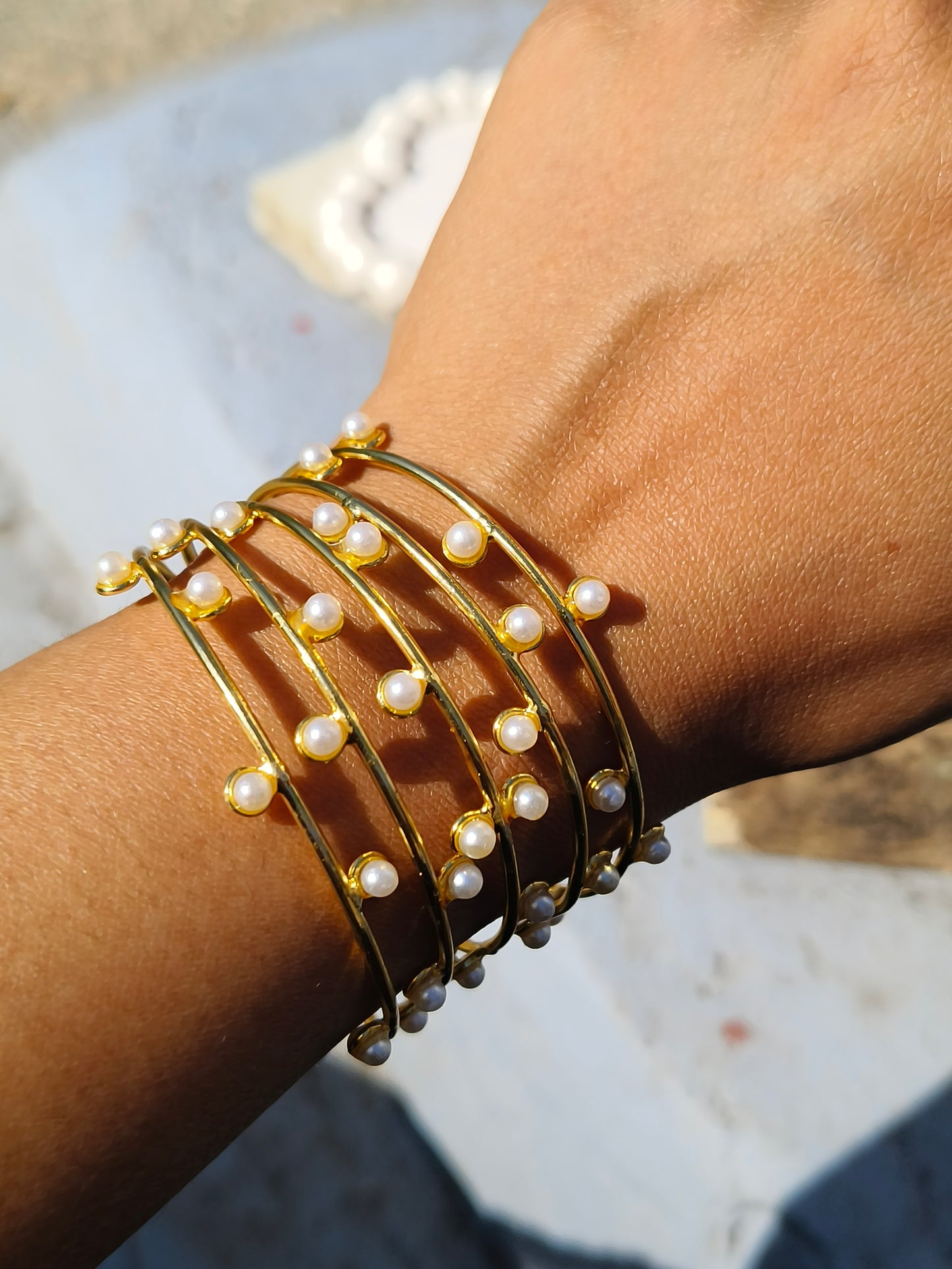 JewellsBySwati Gold Plated Brass Pearl Bracelet for Women | Multi-Layer Designer Cuff