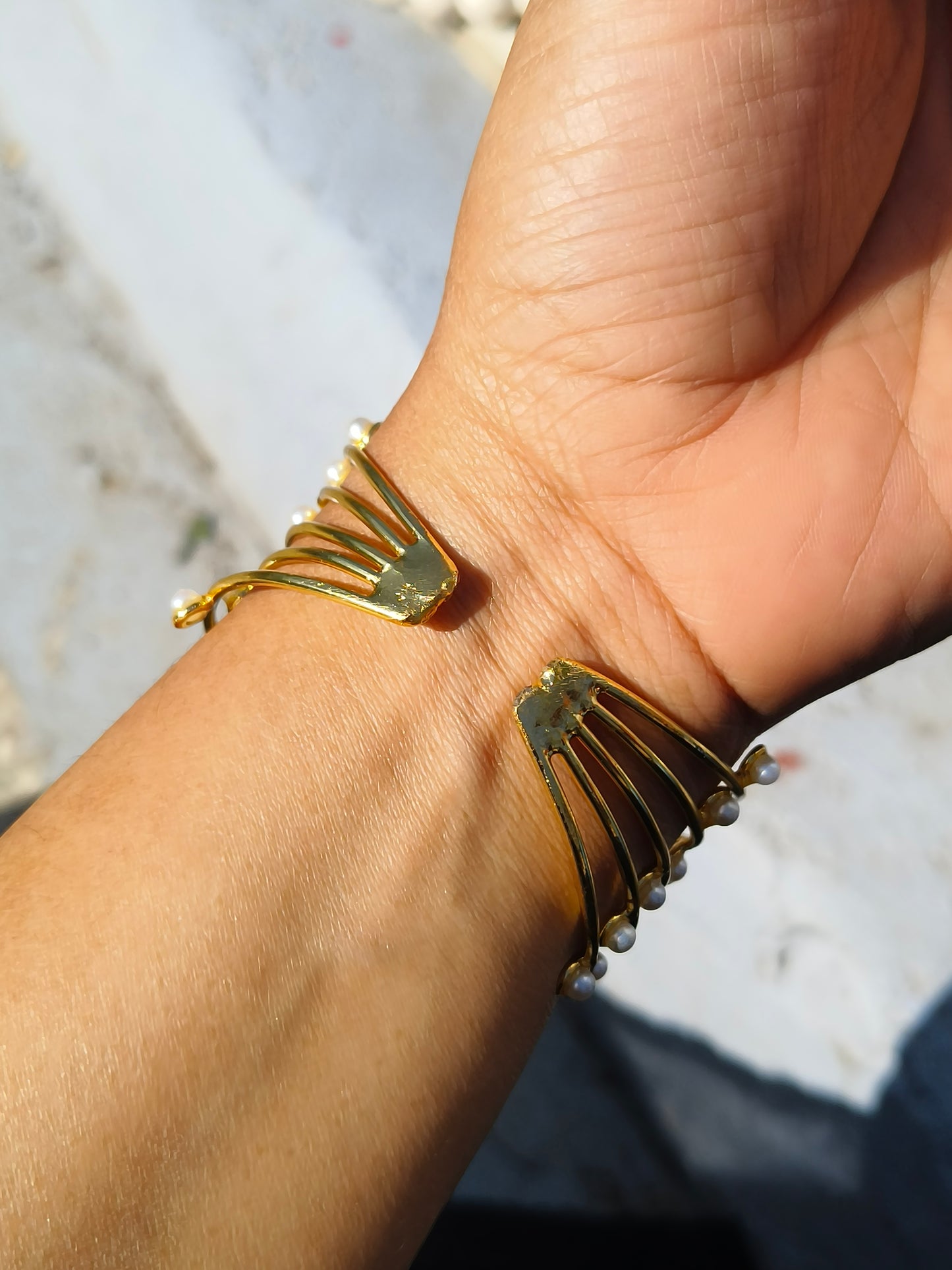 JewellsBySwati Gold Plated Brass Pearl Bracelet for Women | Multi-Layer Designer Cuff