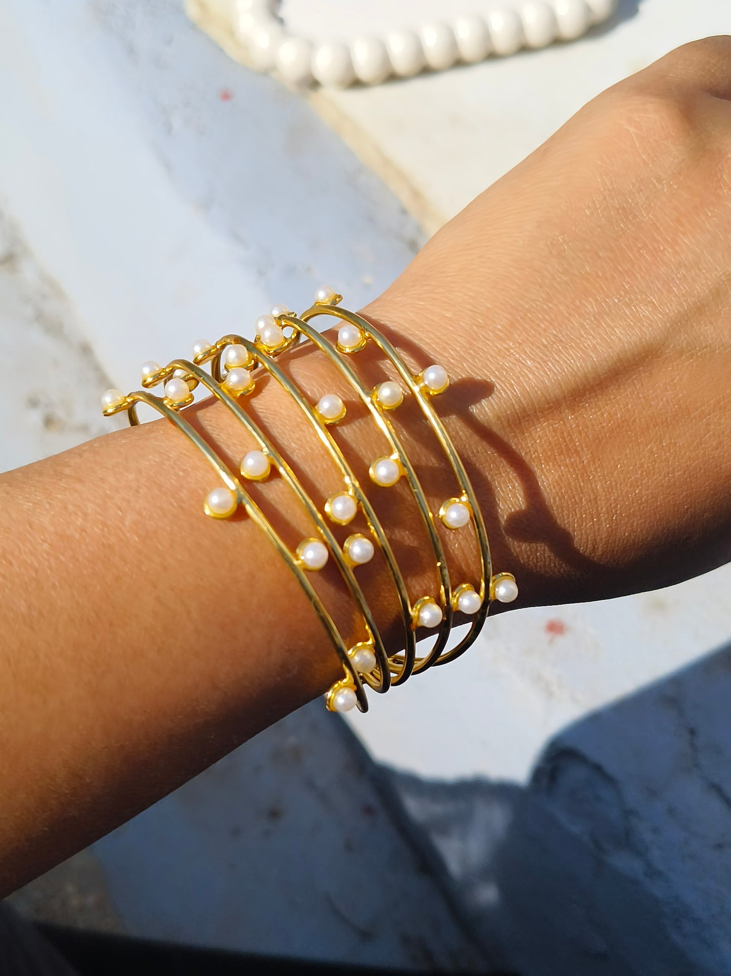 JewellsBySwati Gold Plated Brass Pearl Bracelet for Women | Multi-Layer Designer Cuff